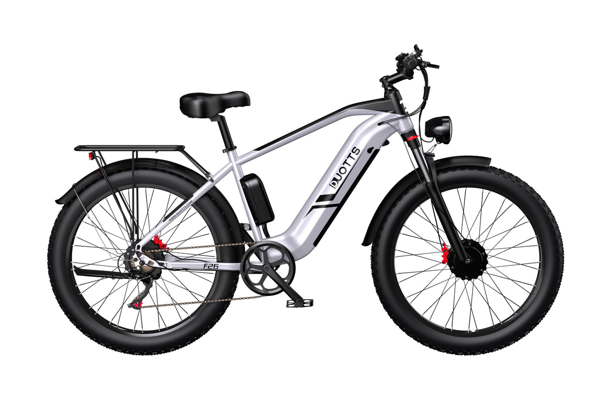 Unfolded view of the Duotts F26 offroad ebike in silvery white, showcasing its large fat tires and elegant frame design.