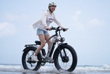 Rider on the Duotts F26 adult electric bike in silvery white, happy riding on the beach.