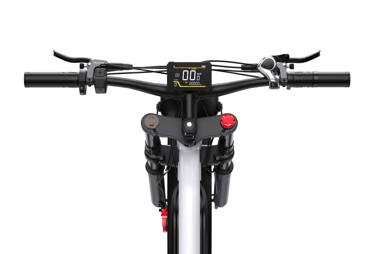Close-up of control console on white-blue DUOTTS N26 adult electric bike with pedal assist options.