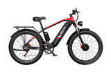 Unfolded view of the Duotts F26 dual motor ebike in black and red, showing its sturdy frame and large offroad tires ready for rough terrain.