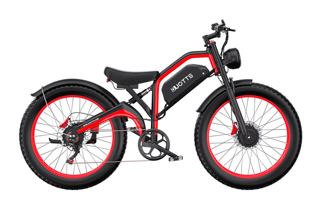 Unfolded view of DUOTTS N26 off-road electric bike in black-red, featuring full suspension and wide tire design.