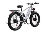 Rear view of the Duotts ​​F26 pedal assist ebike in silvery white, featuring its robust rear motor, tail light and rear rack.