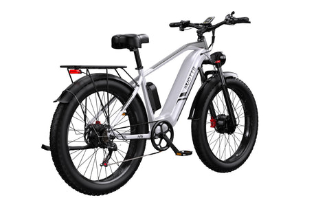 Rear view of the Duotts ​​F26 pedal assist ebike in silvery white, featuring its robust rear motor, tail light and rear rack.